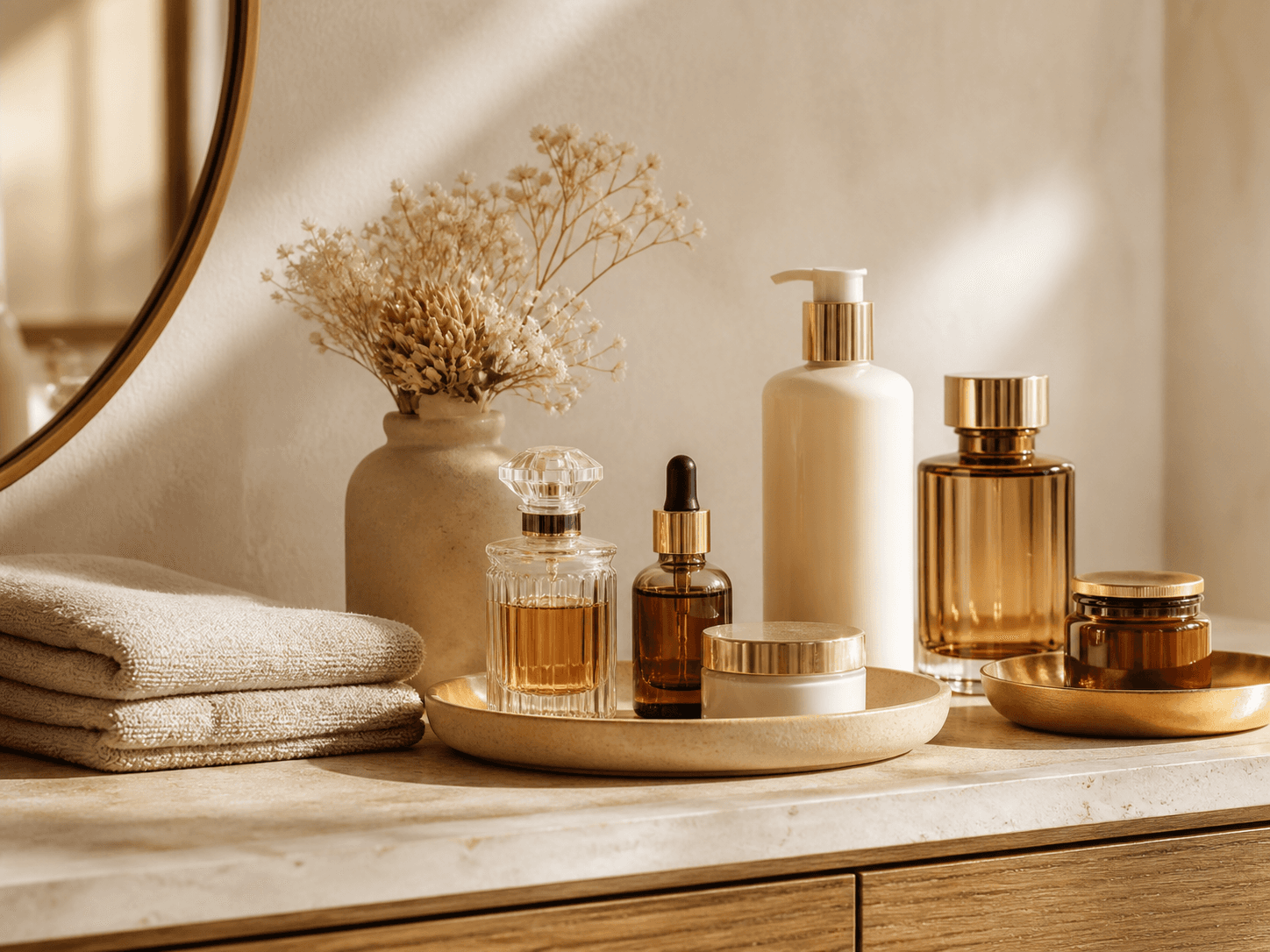 عطور ومنتجات عناية بالبشرة مرتبة على طاولة منزلية دافئة